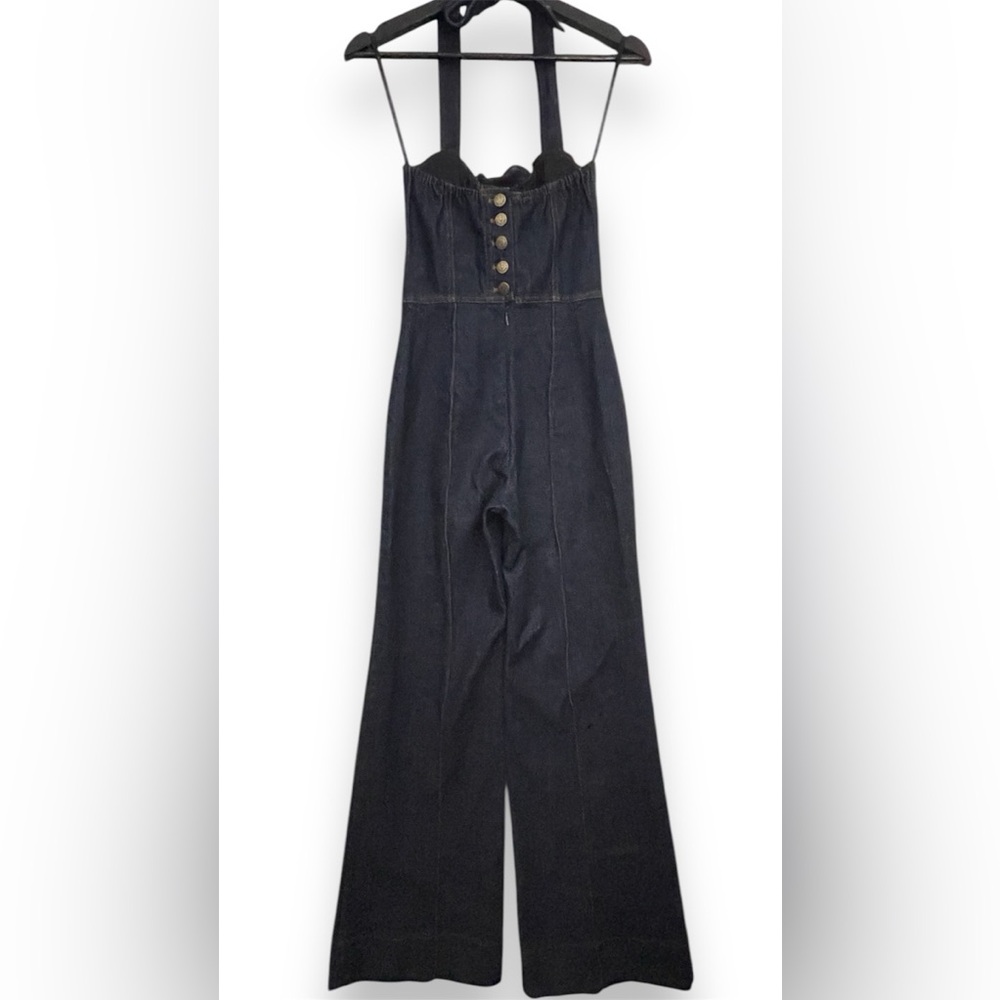 Vintage Betsy Johnson Denim Halter Jumpsuit Sweetheart Tie Bustline Sz 0 EUC - Picture 2 of 11